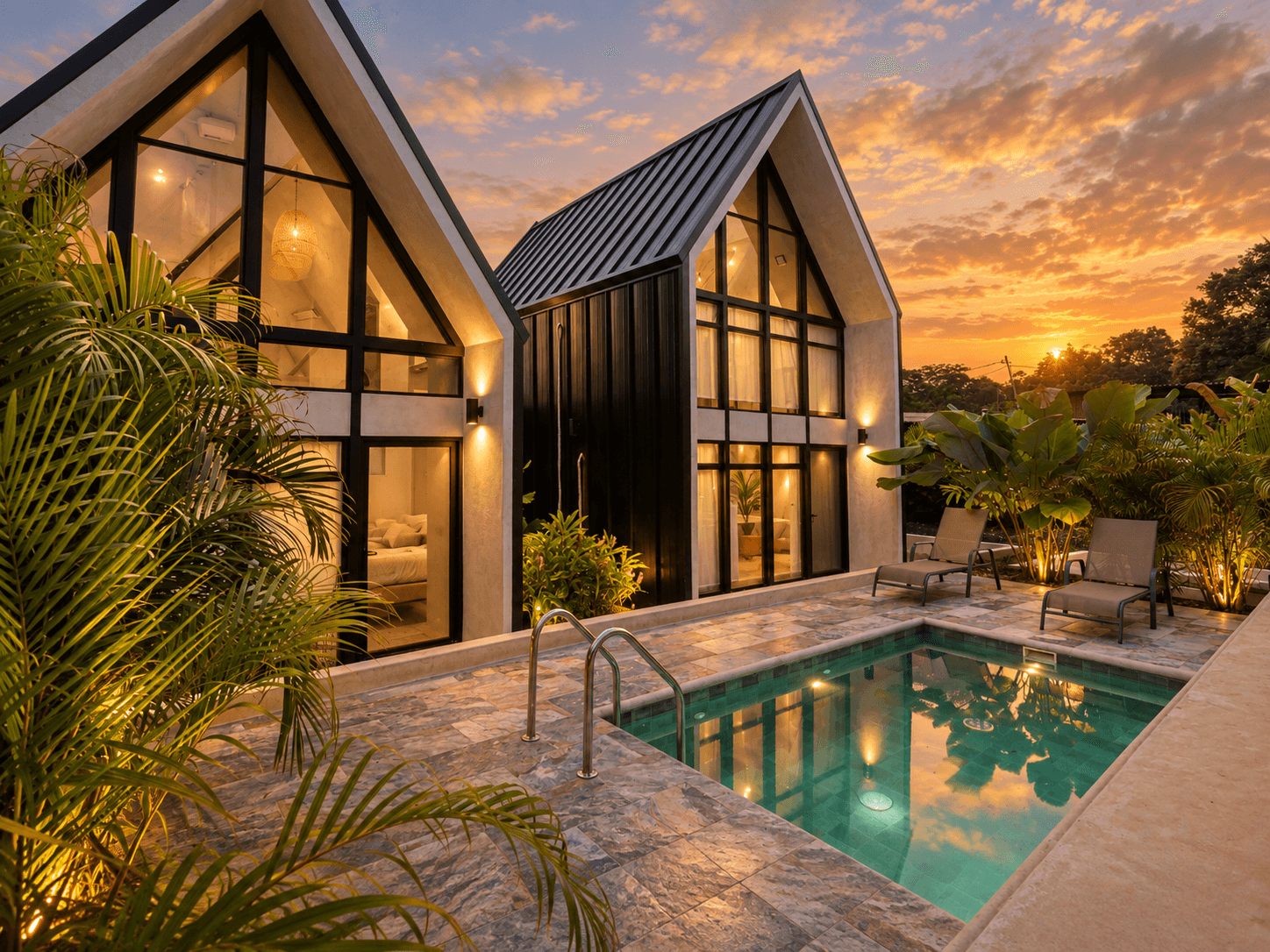 Las villas de Bike & Bed en La Fortuna al atardecer, con la piscina iluminada al frente