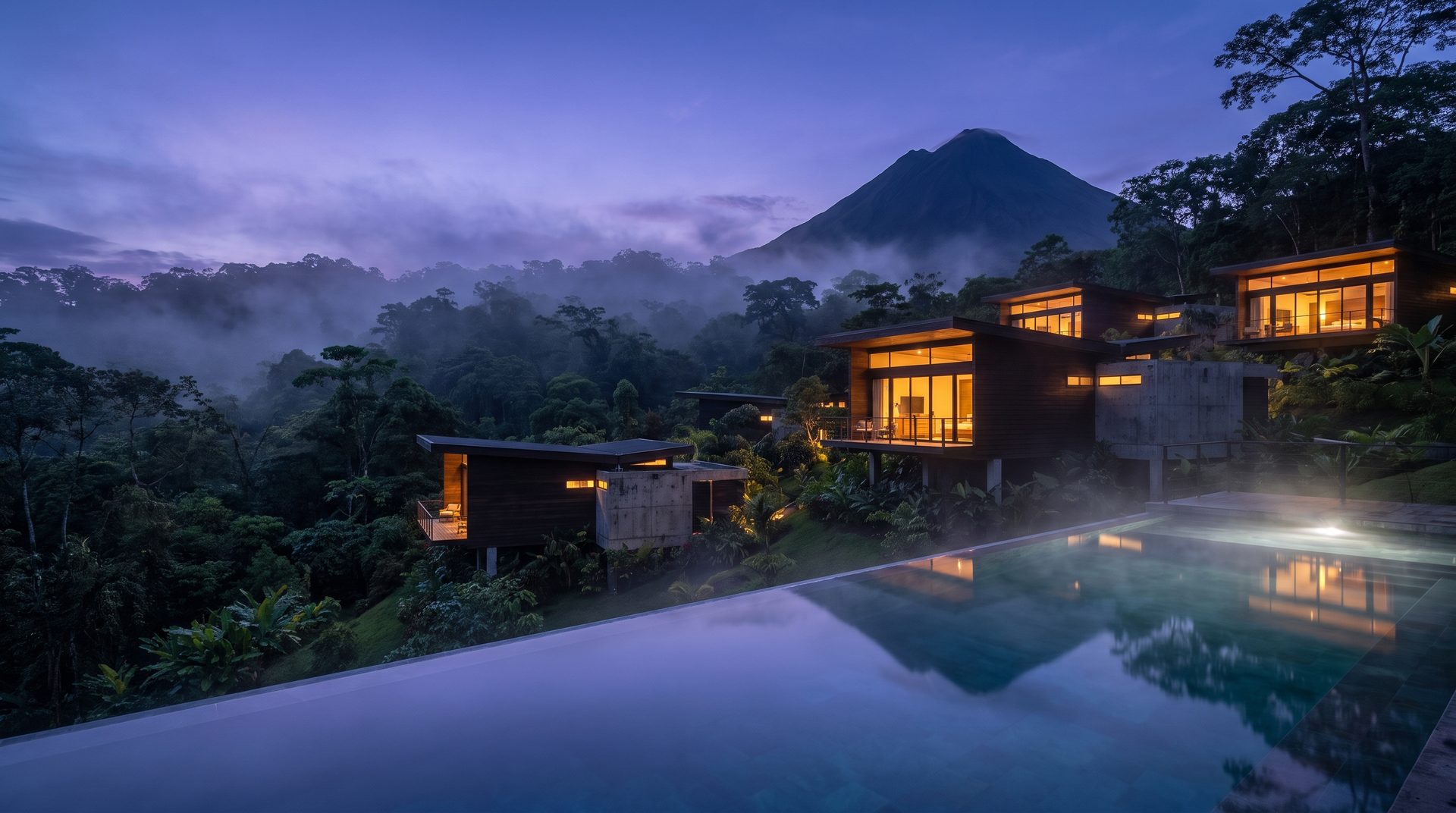 Villas al atardecer con el volcán Arenal de fondo, en La Fortuna de San Carlos