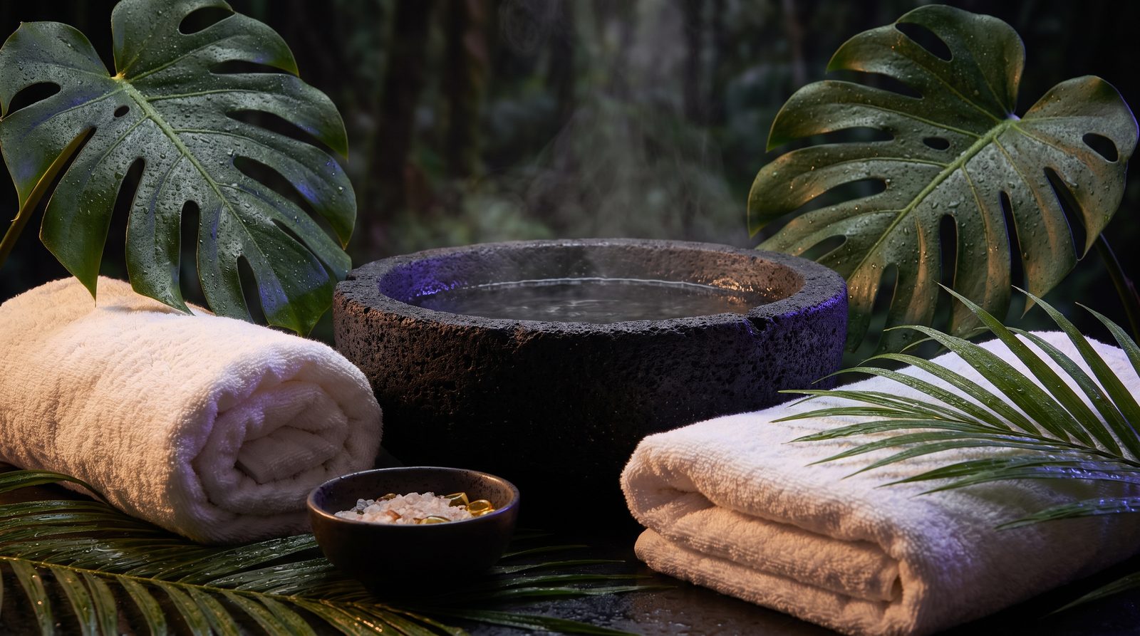 Detalle de spa tropical: piedra volcánica, agua termal humeante y toallas de lino