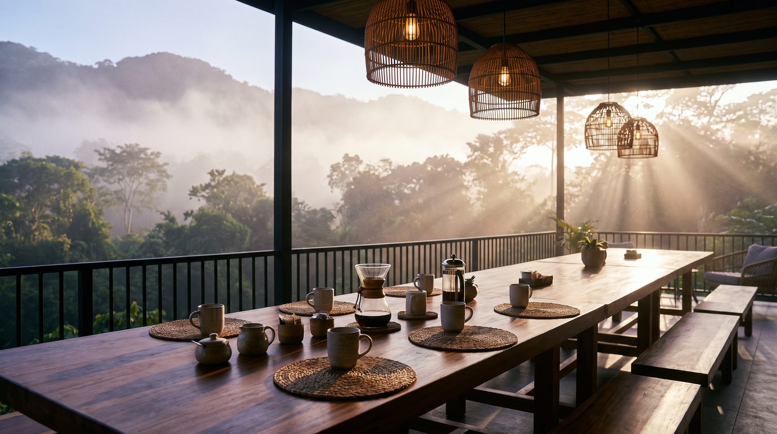 Terraza cubierta de lodge tropical al amanecer, con mesa comunal y niebla en el bosque